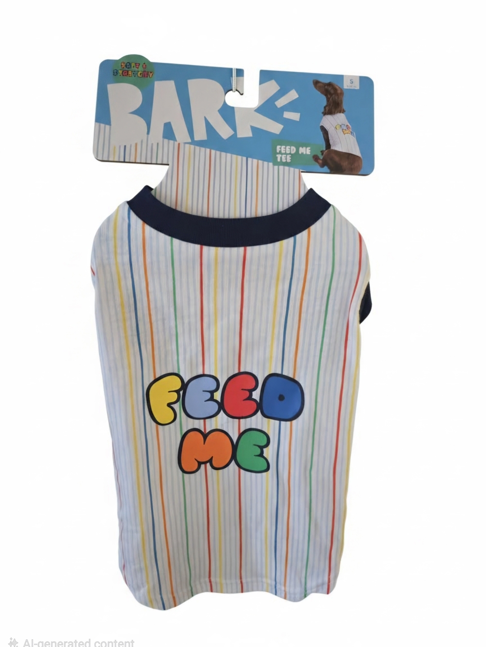 NWT Bark White Striped Dog Tee with Multicolor 'Feed Me' Print and Navy Trim